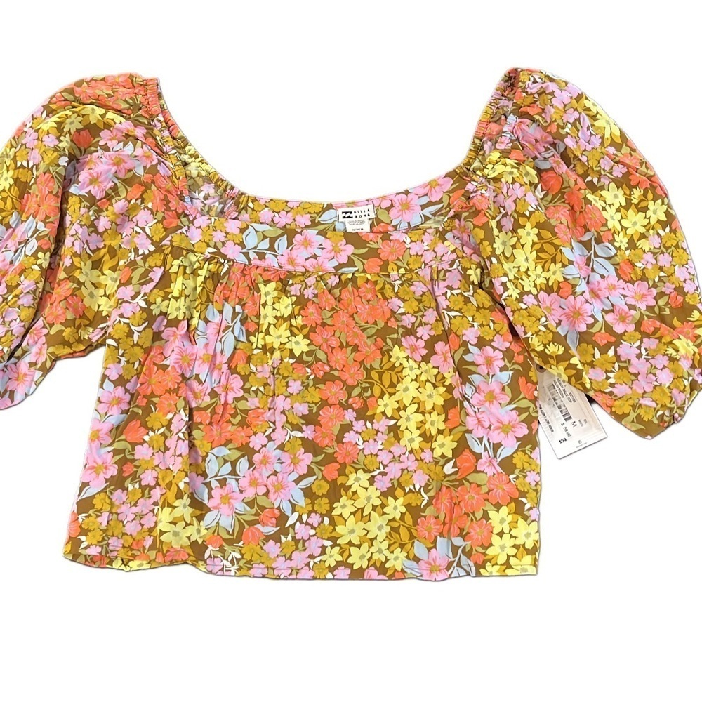 Womenโs Billabong Beach Daze Top Floral Puff Sleeve Top NWT Size M